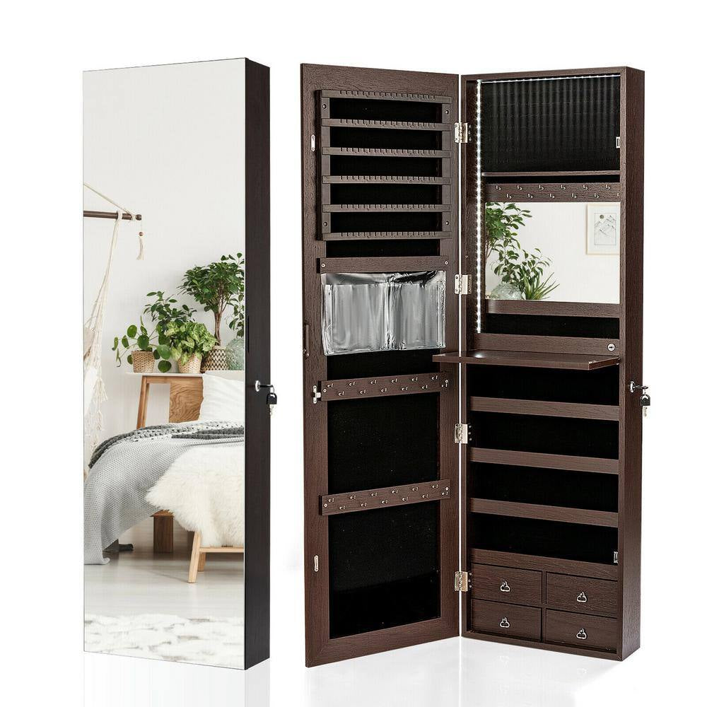 Brown Mirror Jewelry Cabinet 96 LED Lights Wall Door Mounted Armoire with Makeup Rack 47.5 In. H X 14.5 In. W X 5 In. D