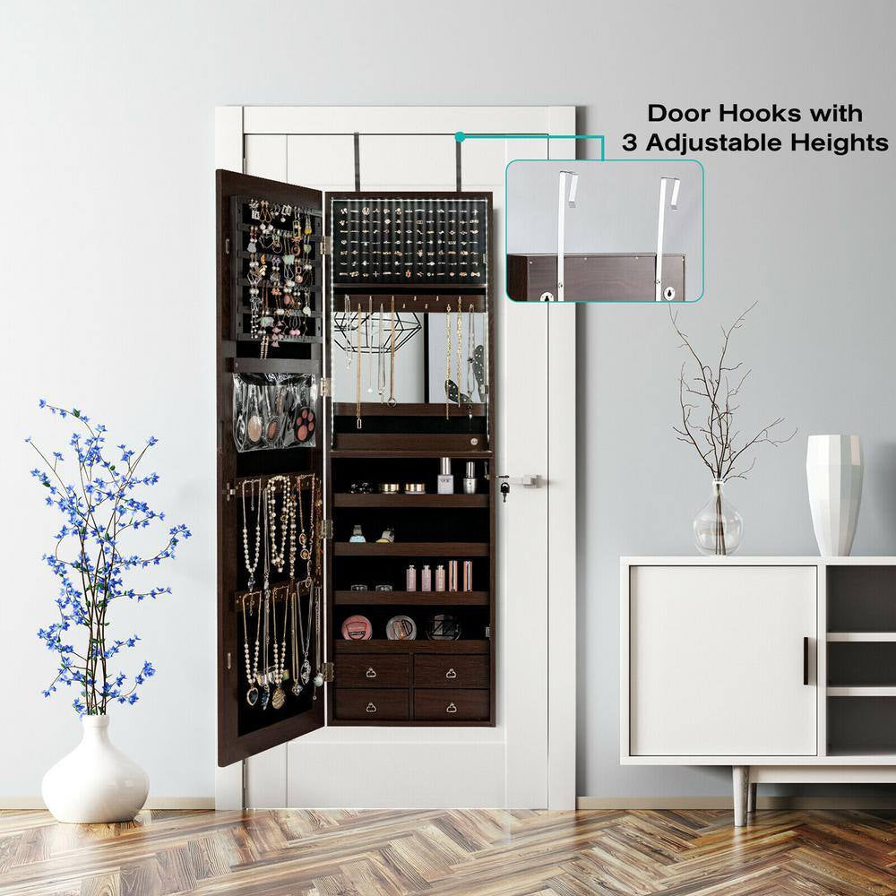 Brown Mirror Jewelry Cabinet 96 LED Lights Wall Door Mounted Armoire with Makeup Rack 47.5 In. H X 14.5 In. W X 5 In. D