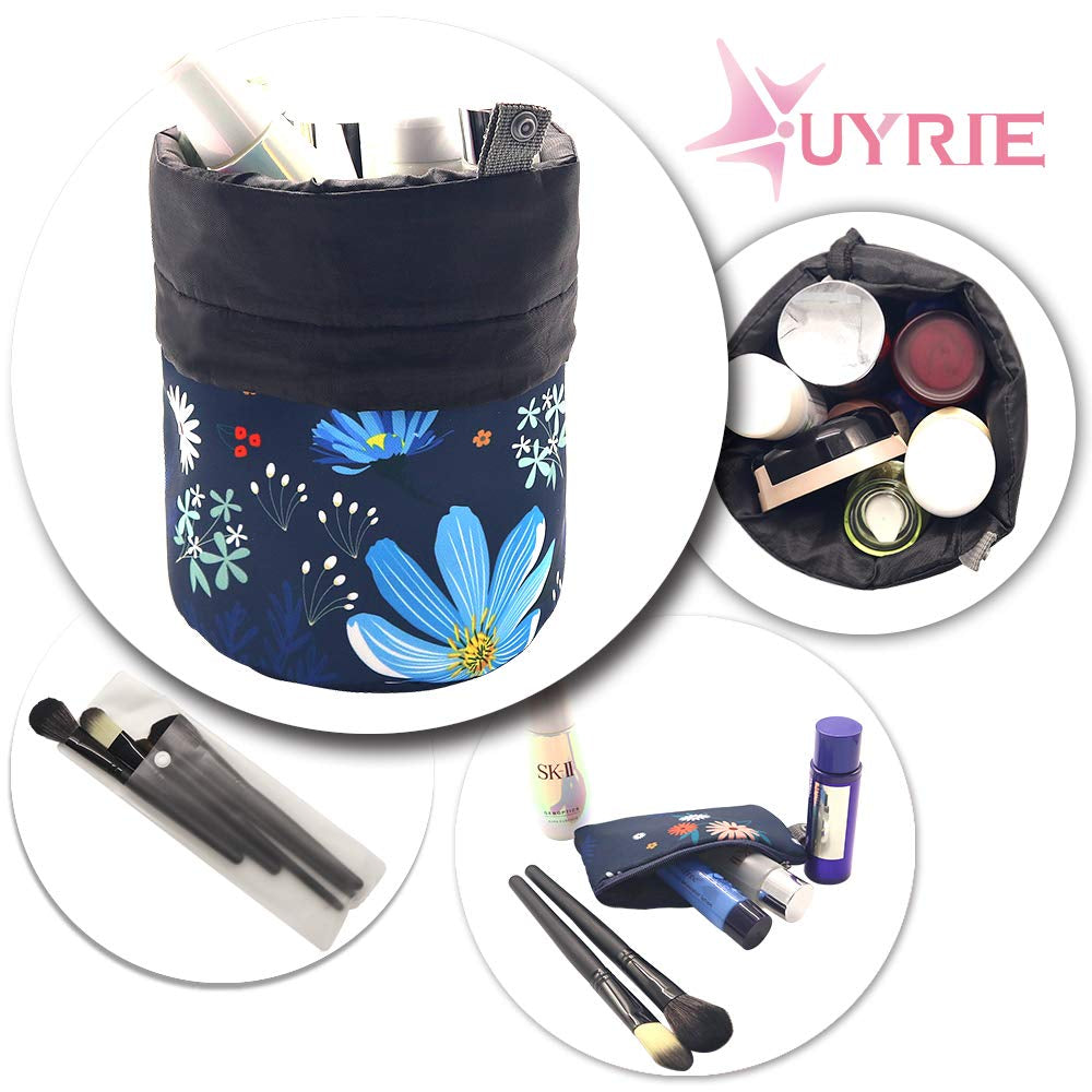 Portable Makeup Toiletry Cosmetic Travel Organizer Bag, Large Drawstring Hanging Packing Bag for Women Girl Men, Lightweight Multifunctional Barrel Shaped Storage Bag