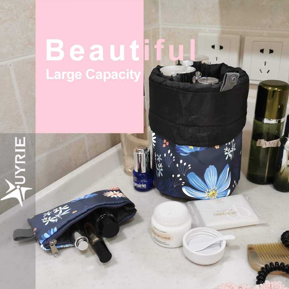 Portable Makeup Toiletry Cosmetic Travel Organizer Bag, Large Drawstring Hanging Packing Bag for Women Girl Men, Lightweight Multifunctional Barrel Shaped Storage Bag