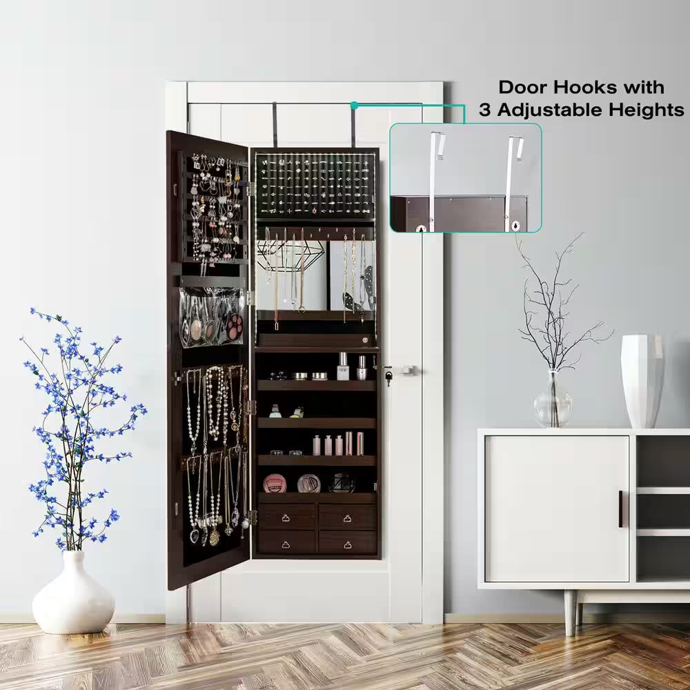 Brown Mirror Jewelry Cabinet 96 LED Lights Wall Door Mounted Armoire with Makeup Rack 47.5 In. H X 14.5 In. W X 5 In. D