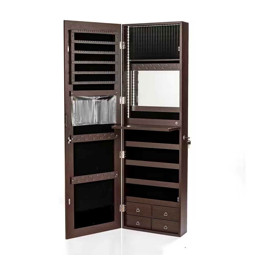 Brown Mirror Jewelry Cabinet 96 LED Lights Wall Door Mounted Armoire with Makeup Rack 47.5 In. H X 14.5 In. W X 5 In. D