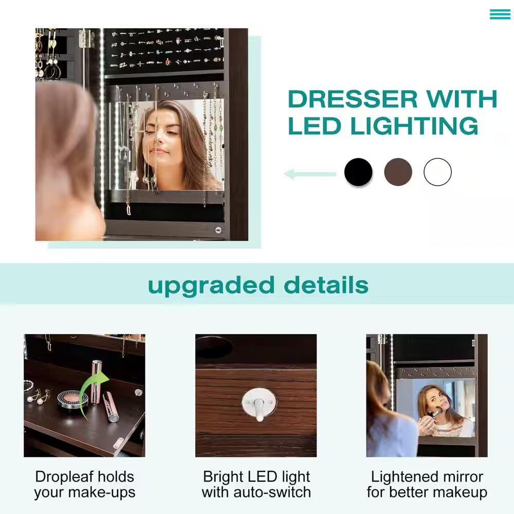 Brown Mirror Jewelry Cabinet 96 LED Lights Wall Door Mounted Armoire with Makeup Rack 47.5 In. H X 14.5 In. W X 5 In. D