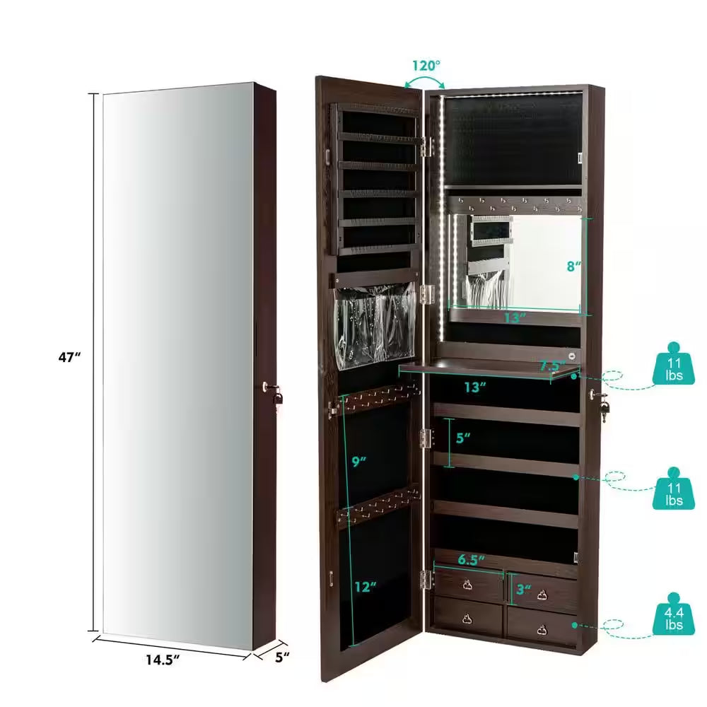 Brown Mirror Jewelry Cabinet 96 LED Lights Wall Door Mounted Armoire with Makeup Rack 47.5 In. H X 14.5 In. W X 5 In. D