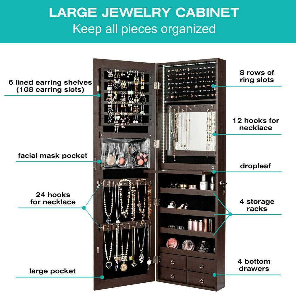 Brown Mirror Jewelry Cabinet 96 LED Lights Wall Door Mounted Armoire with Makeup Rack 47.5 In. H X 14.5 In. W X 5 In. D