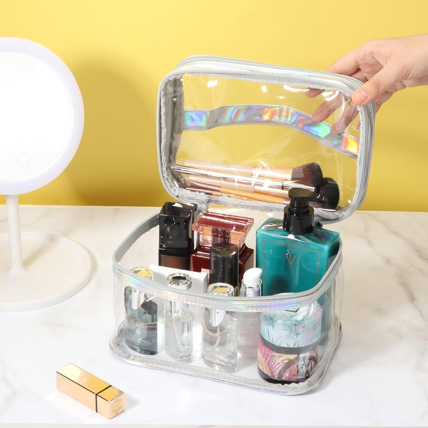 Clear Makeup Bag Travel Toiletry Bag for Women Waterproof Cosmetic Bag Small Large Cute Makeup Bag Double Layer Travel Big Makeup Bag - Sliver