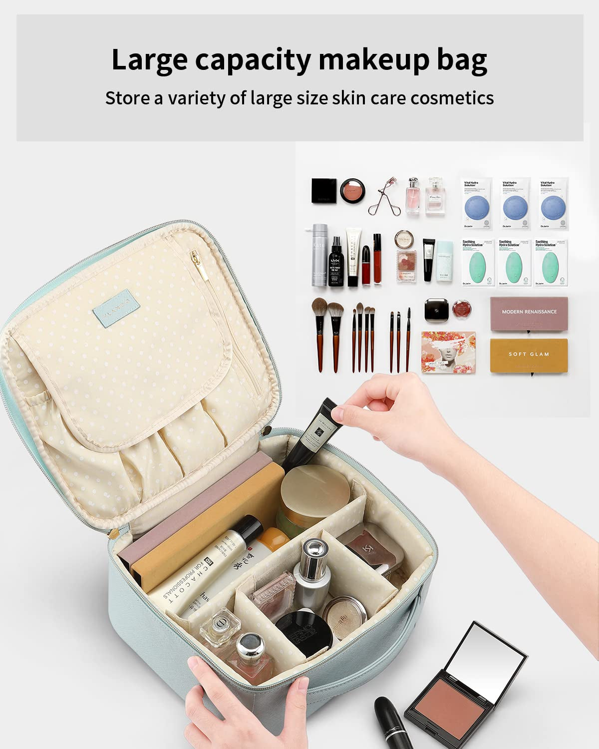 Travel Makeup Bag, Large Capacity Cosmetic Bag for Women PU Leather Makeup Case Organizer Portable Make up Bag with Dividers and Handle for Girls,Wedding,Makeup Brushes Blue