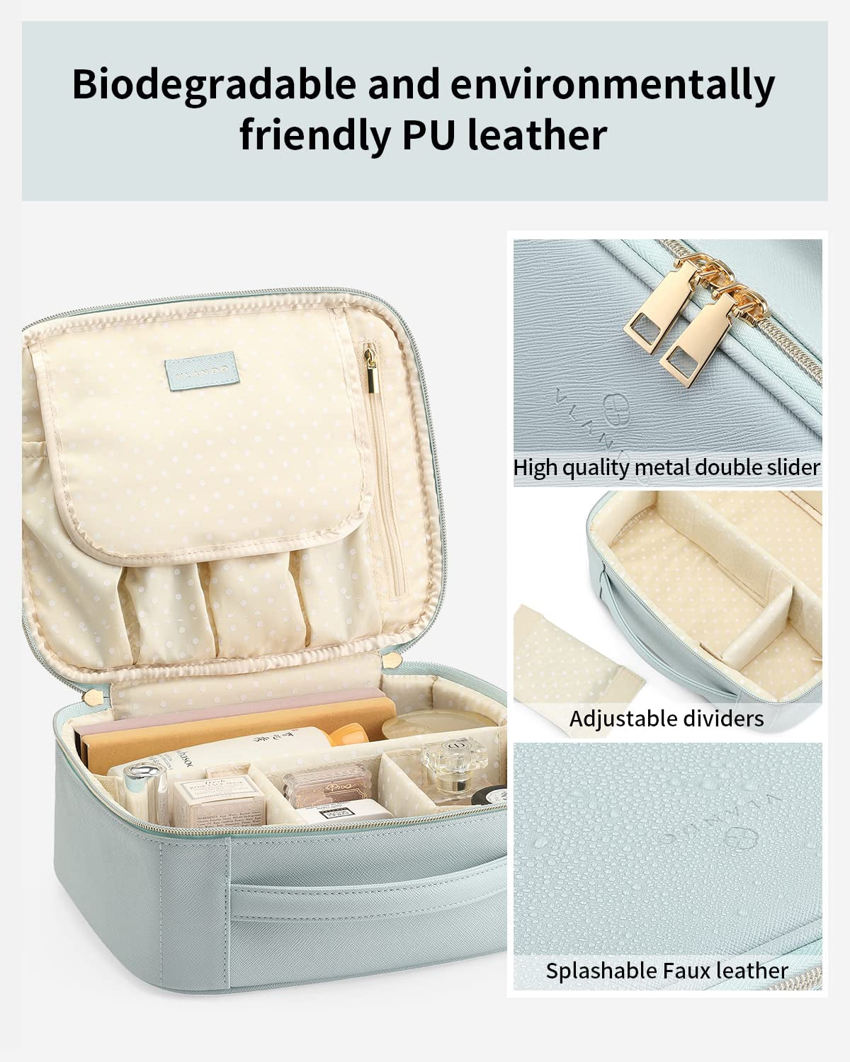Travel Makeup Bag, Large Capacity Cosmetic Bag for Women PU Leather Makeup Case Organizer Portable Make up Bag with Dividers and Handle for Girls,Wedding,Makeup Brushes Blue