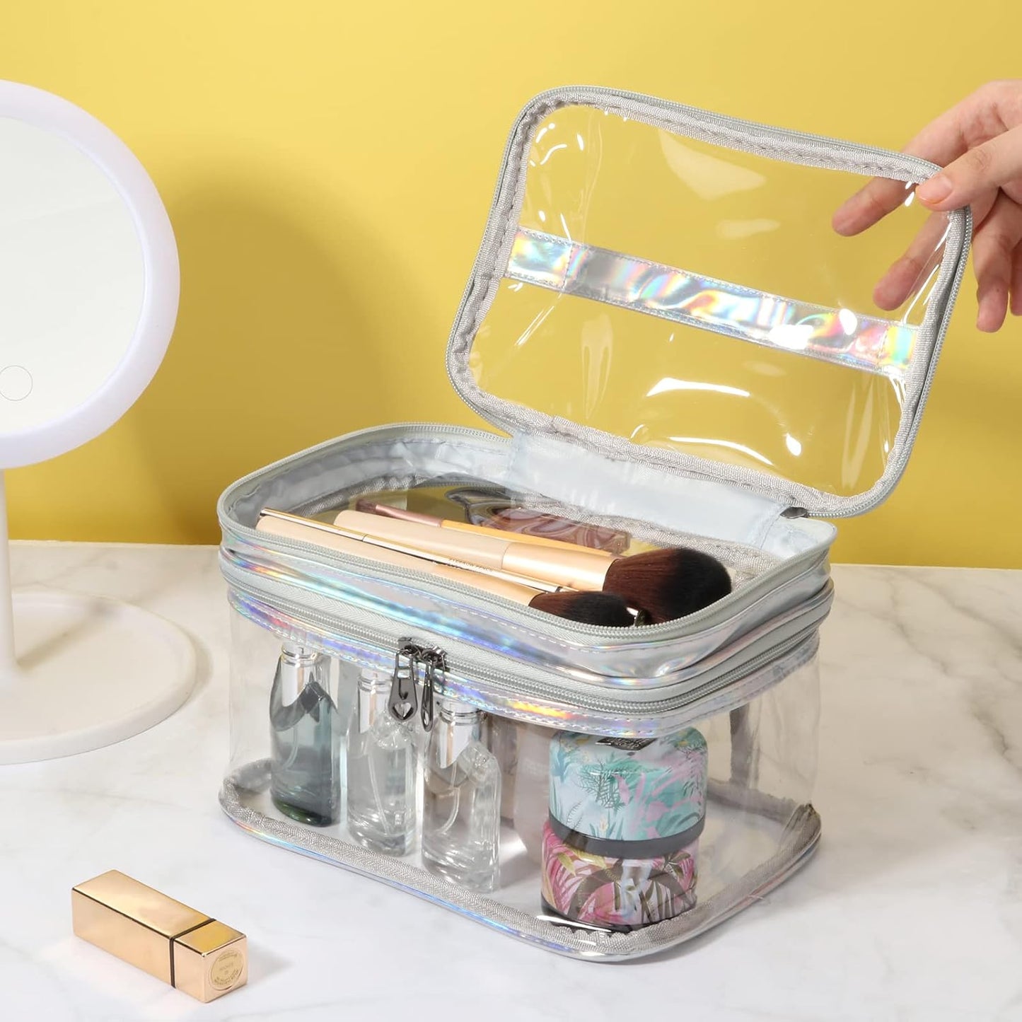 Clear Makeup Bag Travel Toiletry Bag for Women Waterproof Cosmetic Bag Small Large Cute Makeup Bag Double Layer Travel Big Makeup Bag - Sliver