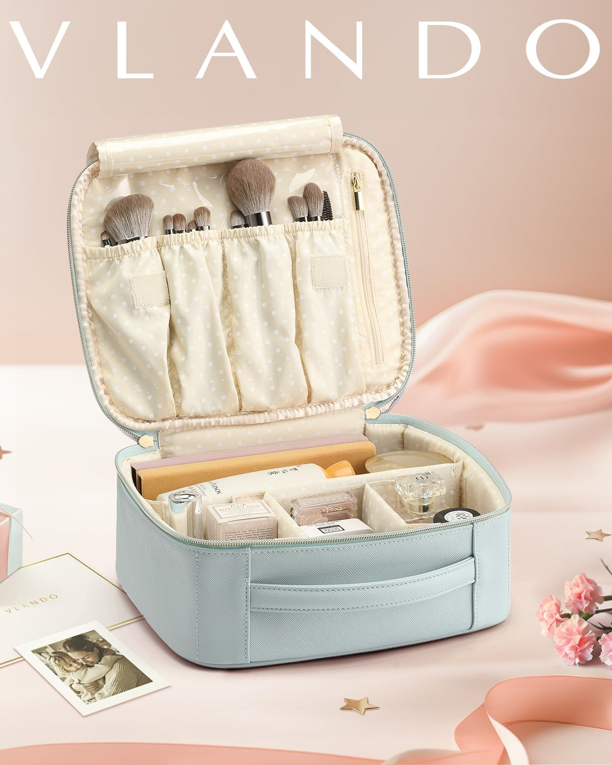 Travel Makeup Bag, Large Capacity Cosmetic Bag for Women PU Leather Makeup Case Organizer Portable Make up Bag with Dividers and Handle for Girls,Wedding,Makeup Brushes Blue