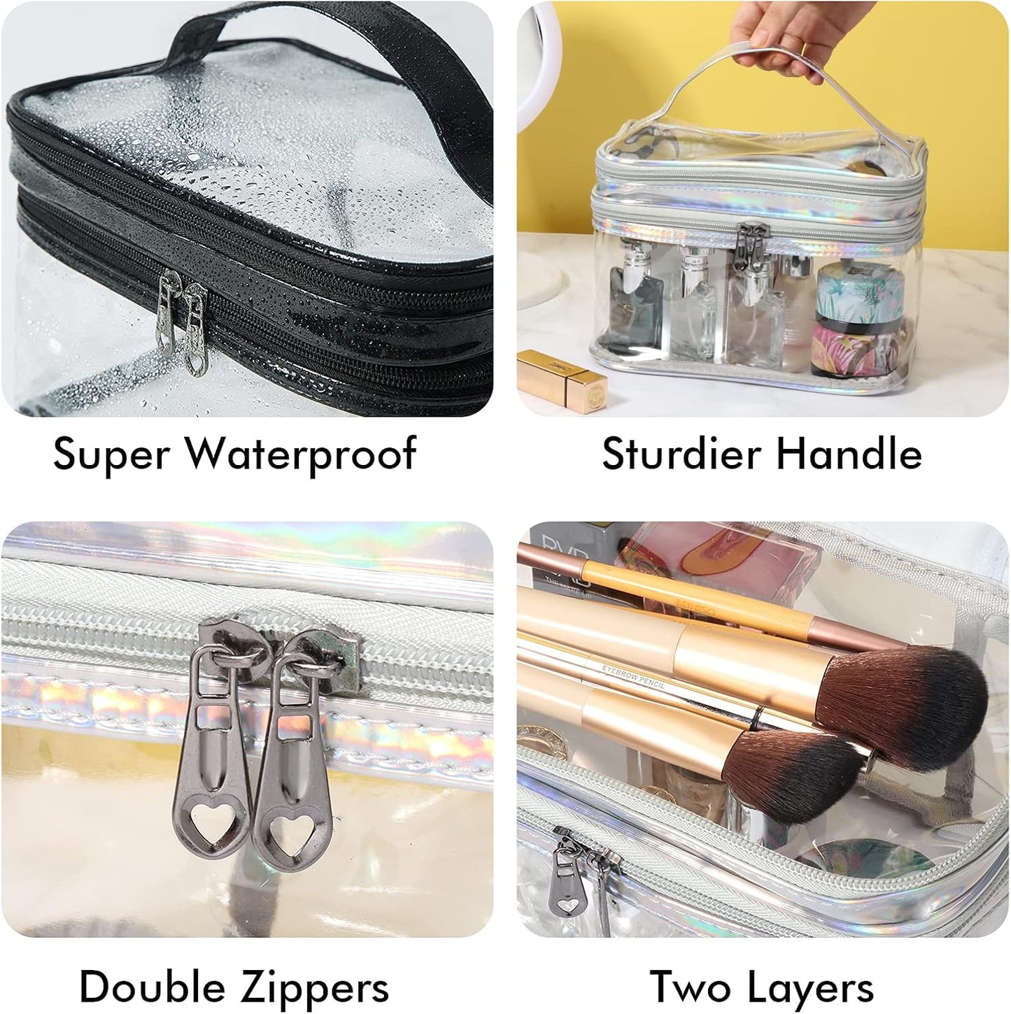 Clear Makeup Bag Travel Toiletry Bag for Women Waterproof Cosmetic Bag Small Large Cute Makeup Bag Double Layer Travel Big Makeup Bag - Sliver