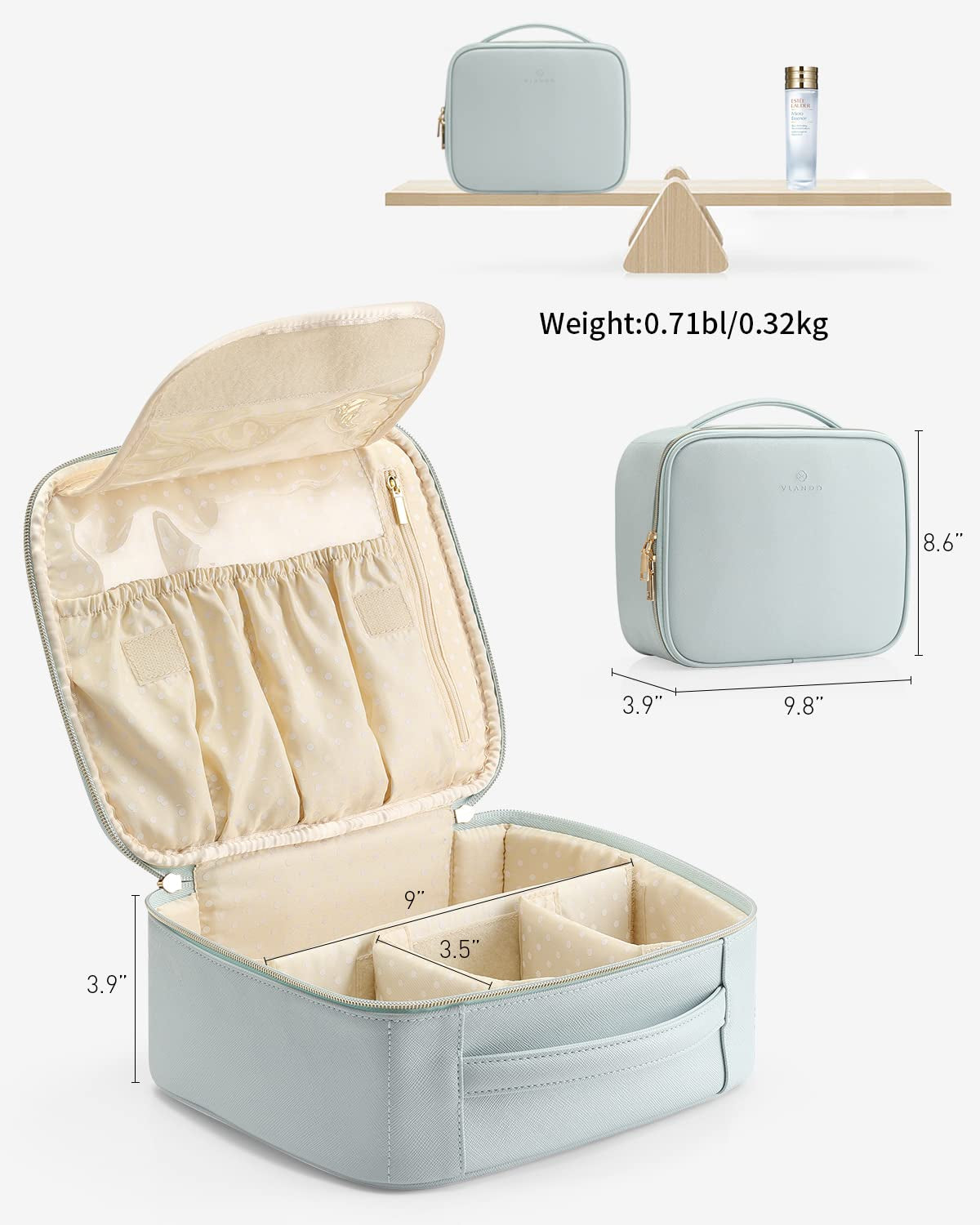 Travel Makeup Bag, Large Capacity Cosmetic Bag for Women PU Leather Makeup Case Organizer Portable Make up Bag with Dividers and Handle for Girls,Wedding,Makeup Brushes Blue