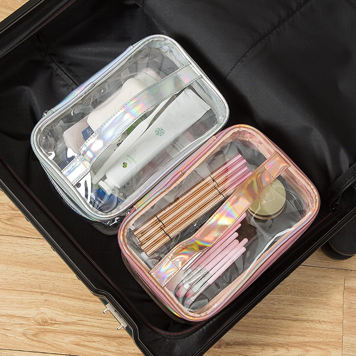 Clear Makeup Bag Travel Toiletry Bag for Women Waterproof Cosmetic Bag Small Large Cute Makeup Bag Double Layer Travel Big Makeup Bag - Sliver