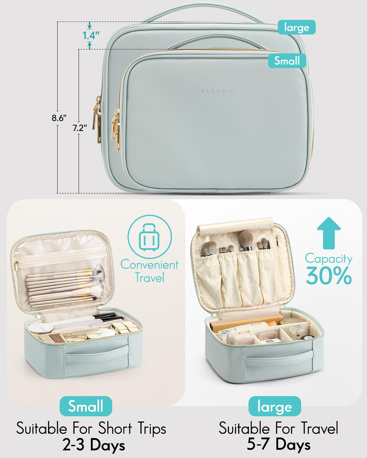 Travel Makeup Bag, Large Capacity Cosmetic Bag for Women PU Leather Makeup Case Organizer Portable Make up Bag with Dividers and Handle for Girls,Wedding,Makeup Brushes Blue